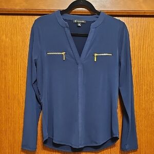 INC International Concepts Navy Blouse with Gold Zipper Details